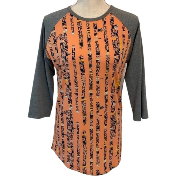 Lularoe size large orange tribal design, grey 3/4 sleeves & collar, curved hem - Picture 10 of 12